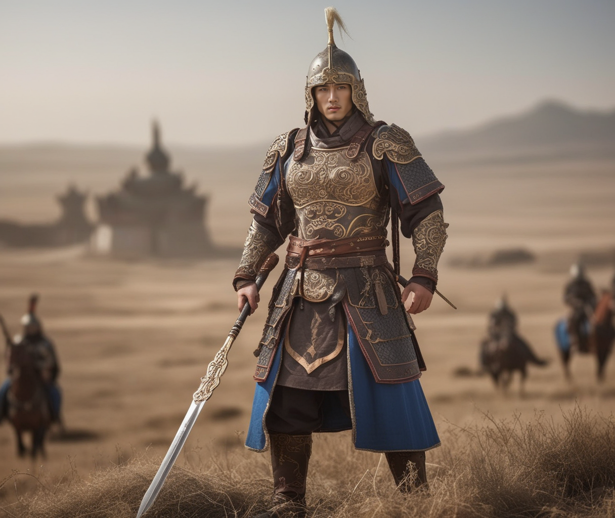 02273-991784897-_lora_Qige中国甲胄_XX_42_3-000002_0.58_,a 23 year old chinese man,Chinese armor,Mongolian armor,helmet,standing,solo,Detailed battle.png